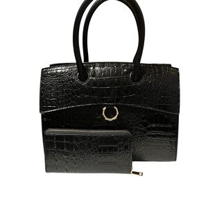 American Bee Faux Black Crocodile-Embossed Handbag